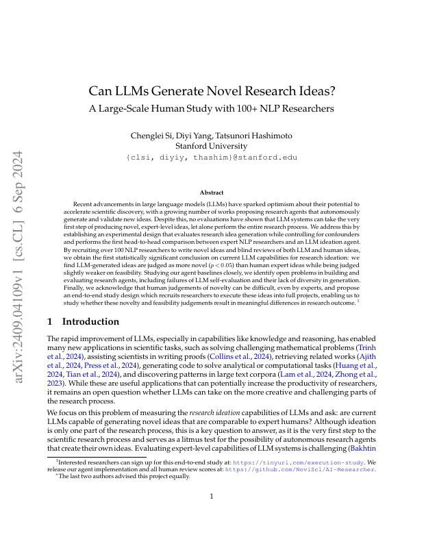 Preview for Can LLMs Generate Novel Research Ideas? A Large Scale Human Study with 100+ NLP Researchers