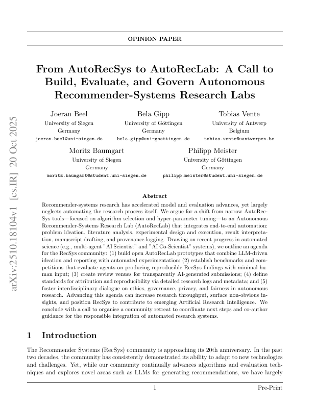 Preview for From AutoRecSys to AutoRecLab: A Call to Build, Evaluate, and Govern Autonomous Recommender-Systems Research Labs